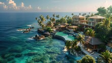 A Luxury Resort Nestled Among Palm Trees On A Tropical Island, With Infinity Pools Overlooking The Azure Sea Water And Private Villas Dotting The Coastline. Aerial High View. Generative AI.