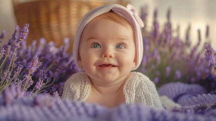 Wall Mural - A cute little baby, against a backdrop of soft lavender. Generative AI.