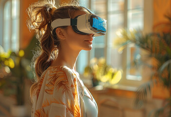 Poster - Woman standing playing with a virtual reality lenses in the living room. Generative AI.