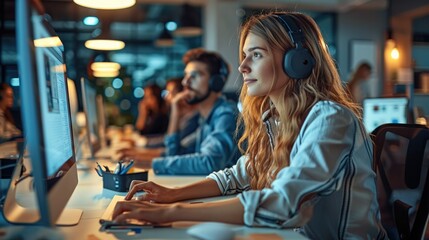 Aufkleber - Young agency team sitting at a desk doing great screen design, working on their computers at modern office. Generative AI.