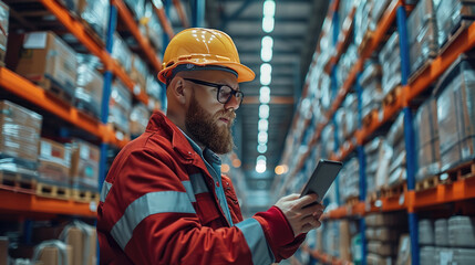 Aufkleber - A large warehouse operator checking data at warehouse. Generative AI.