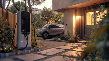 Wall Mural - Electric car charging battery on EV charger at contemporary residential house, The best EV charger location. Generative AI.