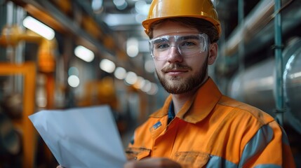 Aufkleber - Energy worker in work holding paper at energy factory. Generative AI.