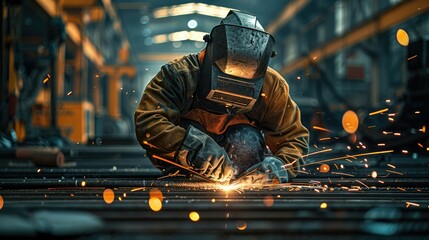 Poster - A Worker welding in a factory. Generative AI.