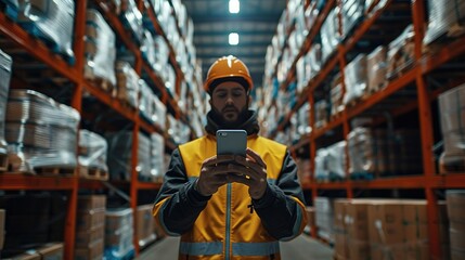 Poster - A worker holding a smartphone in a warehouse. Generative AI.