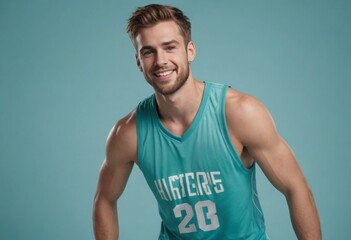 Wall Mural - A smiling man in a basketball jersey poses confidently. The dynamic stance and athletic outfit suggest an active and sporty lifestyle.