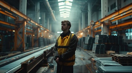 Poster - An engineer in a warehouse standing next to a conveyor. Generative AI.
