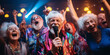 © Cala Serrano - Group of senior friends enjoying a karaoke session at club.