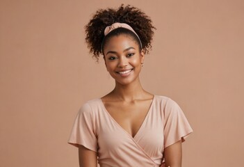 Wall Mural - A young woman in a soft wrap top, radiating warmth and elegance. Her gentle smile and the wrap design add a touch of chic sophistication.