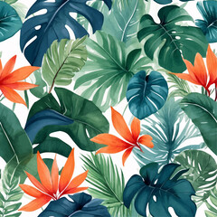 Wall Mural - Beach cheerful seamless pattern wallpaper of tropical dark green leaves of palm trees and flowers bird of paradise (strelitzia) plumeria on a watercolor background