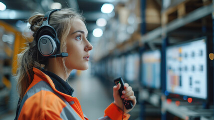 Aufkleber - A warehouse woman manager communicates through a handheld radio with a headset while stationed in front of multiple screens. Generative AI.