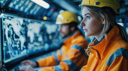 Fototapete - A male and female technician in high-visibility jackets analyze data on a digital interface in a network operations center. Generative AI.