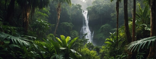 Wall Mural - Steamy tropical jungle with exotic wildlife, waterfalls, and lush vegetation. Ideal for adventure and wildlife enthusiasts. 