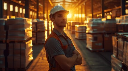 Aufkleber - Worker in a warehouse in golden hour. Generative AI.