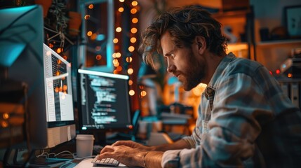 Poster - A man is testing an idea on a computer. Generative AI.