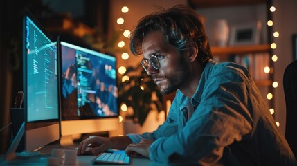 Poster - A man is testing an idea on a computer. Generative AI.
