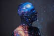 A mans body is completely covered in vibrant blue and red stars, creating a striking visual contrast on his skin. Generative AI