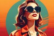 Young beautiful female fashion model in sunglasses. Poster or flyer in trendy retro colors. Vector illustration. Concept of design, fashion, vintage style. Fashion, pop art, retro summer travel poster