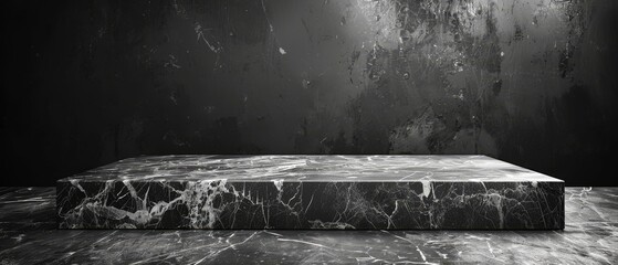 Poster - With an empty grey marble tabletop over a dark black cement stone backdrop to display products evoking a rustic mood and tone. Luxury background for product displays with an empty copy space for