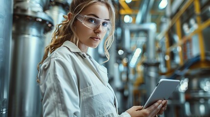 Leinwandbilder - Technology Research Facility: Female Project Manager and Chief Engineer consult tablet computers and work on engine design using computers. Team of Industrial Engineers, Developers work on engine
