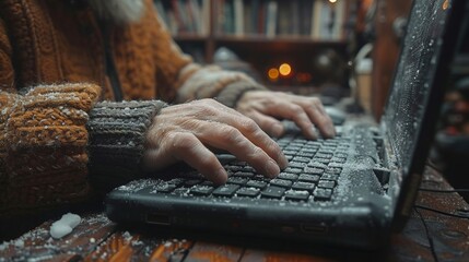Poster - Close-up photo of a male hand with a laptop. Program on a laptop. Concept of remote working or networking. Global business network.