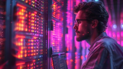 Fototapete - In the background, there is a server room, data center, big data storage, digital technology, a database, IT support, telecommunications, internet network technology.