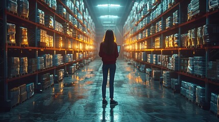 Poster - Using a laptop, a female Chief Technology Officer stands in a warehouse and activates servers, enabling information digitization. SAAS, cloud computing and web services are all other terms used in