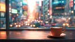 Cozy Coffee Cup Overlooking City Lights
 An inviting orange coffee cup sits on a wooden table with a blurred backdrop of city lights shimmering through a window.

