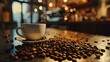 Cup of Coffee with Whole Beans on Metal Table
 A classic coffee cup surrounded by plentiful whole coffee beans on a reflective metal table, with a warm cafe ambiance.
