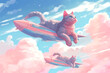 This whimsical artwork captures cats riding rockets through a dreamy sky,