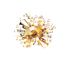 Poster - Music background with golden music instruments and vinyl record disc