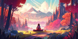 Fototapeta  - Woman meditating in yoga lotus pose in gorgeous forest colorful landscape with lake and mountains illustration
