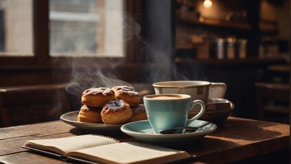 Wall Mural - Vintage coffee shop scene with a steaming cup of espresso, pastries, and an open notebook. Great for cafe websites. 