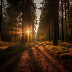 Wall Mural - Autumn forest with sun rays