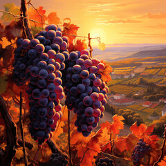 Wall Mural - Ripe grapes and vineyard in autumn