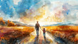 © Mahnoor - fathers day card or portrait , kid and father walking on road, Promotion and shopping template for love dad concept