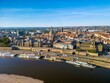 The drone aerial view of River Elbe and old town  of Dresden, Germany.