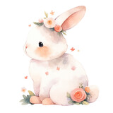 Fototapeta Pokój dzieciecy - Watercolor hand-painted illustration of an cute small Easter bunny with small flowers. Isolated on a white background