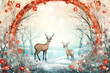 Enchanting winter scene with majestic deer amidst snowfall and floral arch