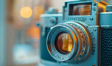 Close-up of vintage camera lens with shallow depth of field and blurred background