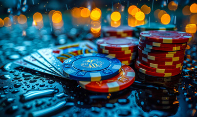 Close-up of royal flush playing cards with poker chips stack on a wet, dark surface, evoking the high stakes and glamour of casino gambling