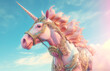 Embark on a fantasy with this majestic unicorn, adorned in ornate gear under a dreamy sky