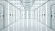 A pristine, white hallway of a data center with rows of secured server cabinets