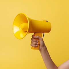 Beautiful female hand on a yellow background holding a megaphone in her hand. Megaphone in hand isolated on yellow background Job ID: 4ea531f5-12b7-43c0-aa05-2c7467ed387e