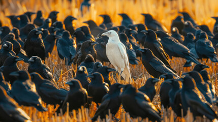 Wall Mural - Unique white crow amidst black ones - concept of being different