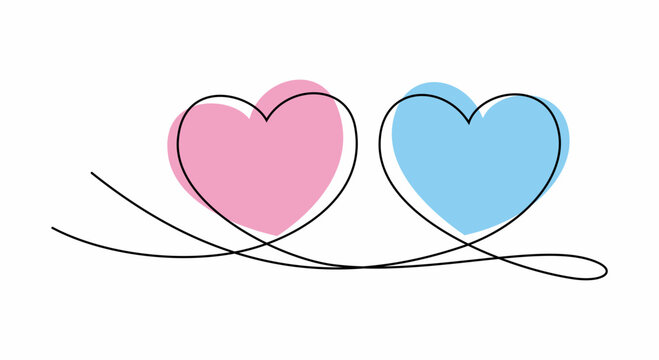 Artistic one continuous line makes two hearts shape with watercolor spot.  Two linked heart. Two Love symbol 