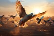 A mesmerizing scene of a flock of white doves taking flight against the golden sunrise, symbolizing hope and peace.