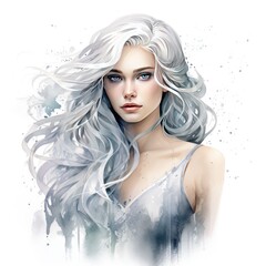 Wall Mural - Enchanting Watercolor Clipart of Girl in Silver Dress and Hair