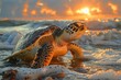 As the sun rises over the ocean, a majestic sea turtle emerges from the water, its scaled reptilian body glimmering in the golden light as it makes its way across the sandy beach