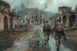 Amidst a desolate landscape, two soldiers trudge through the remains of a once grand building, the sky above them painted with ominous clouds and the distant mountains serving as a reminder of what h